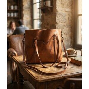 Vintage Style Cognac Brown Faux Leather Tote Crossbody Satchel Hobo Purse